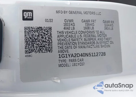 2022 Chevrolet Corvette Stingray Rwd 1Lt z USA, uszkodzony, nr VIN 1G1YA2D40N5112728